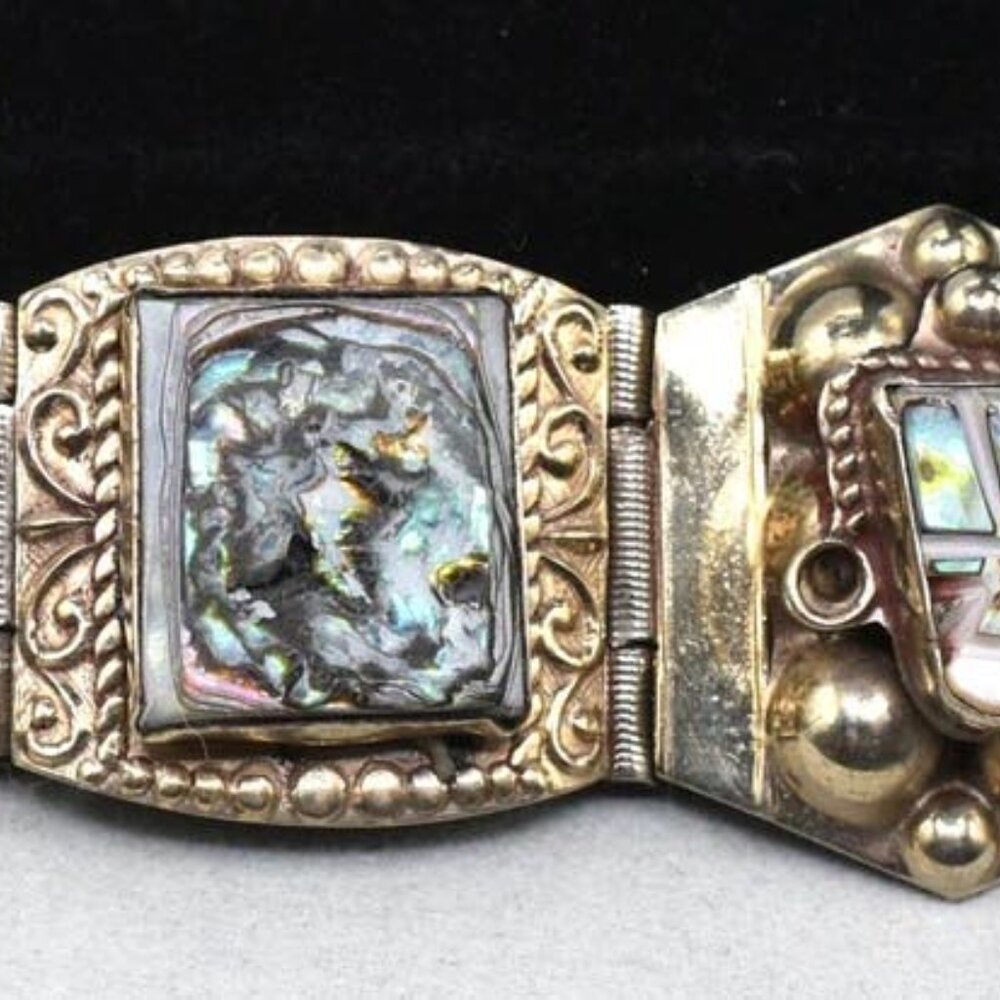 HECHO EN MEXICO - EAGLE HEAD DFS MAYAN AZTEC HEADS & INLAY ABALONE BRACELET 40A - Picture 6 of 6